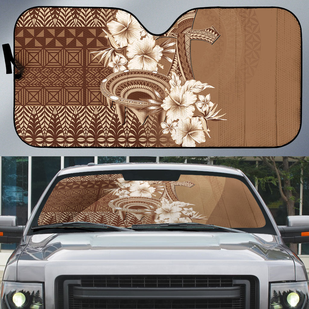 Tonga Ngatu Kupesi Brown Tapa Auto Sun Shade Koe Otua Mo Tonga Ko Hoku Tofia