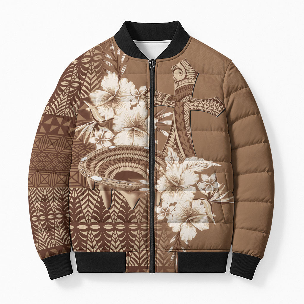 Tonga Ngatu Kupesi Brown Tapa Bomber Puffer Jacket Koe Otua Mo Tonga Ko Hoku Tofia