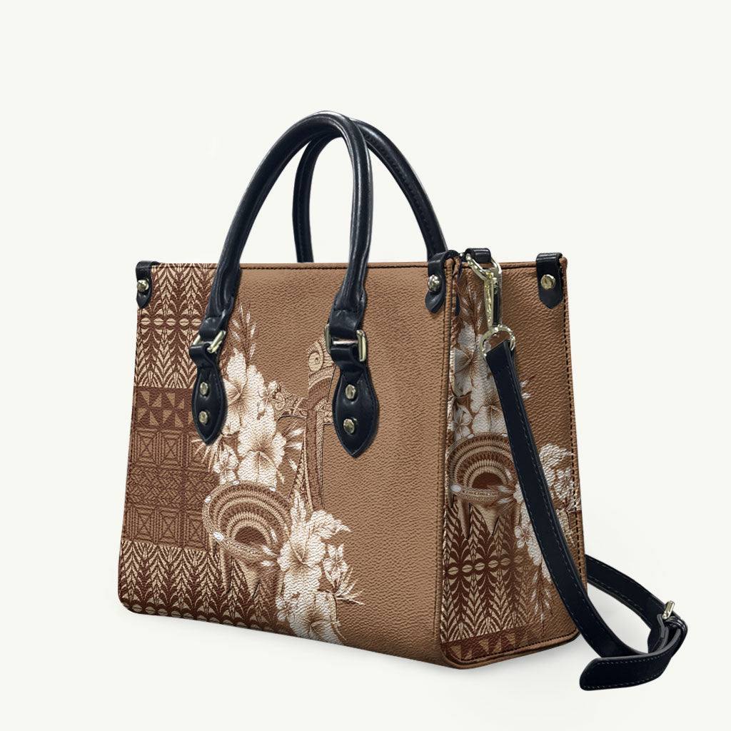 Tonga Ngatu Kupesi Brown Tapa Leather Bag Koe Otua Mo Tonga Ko Hoku Tofia
