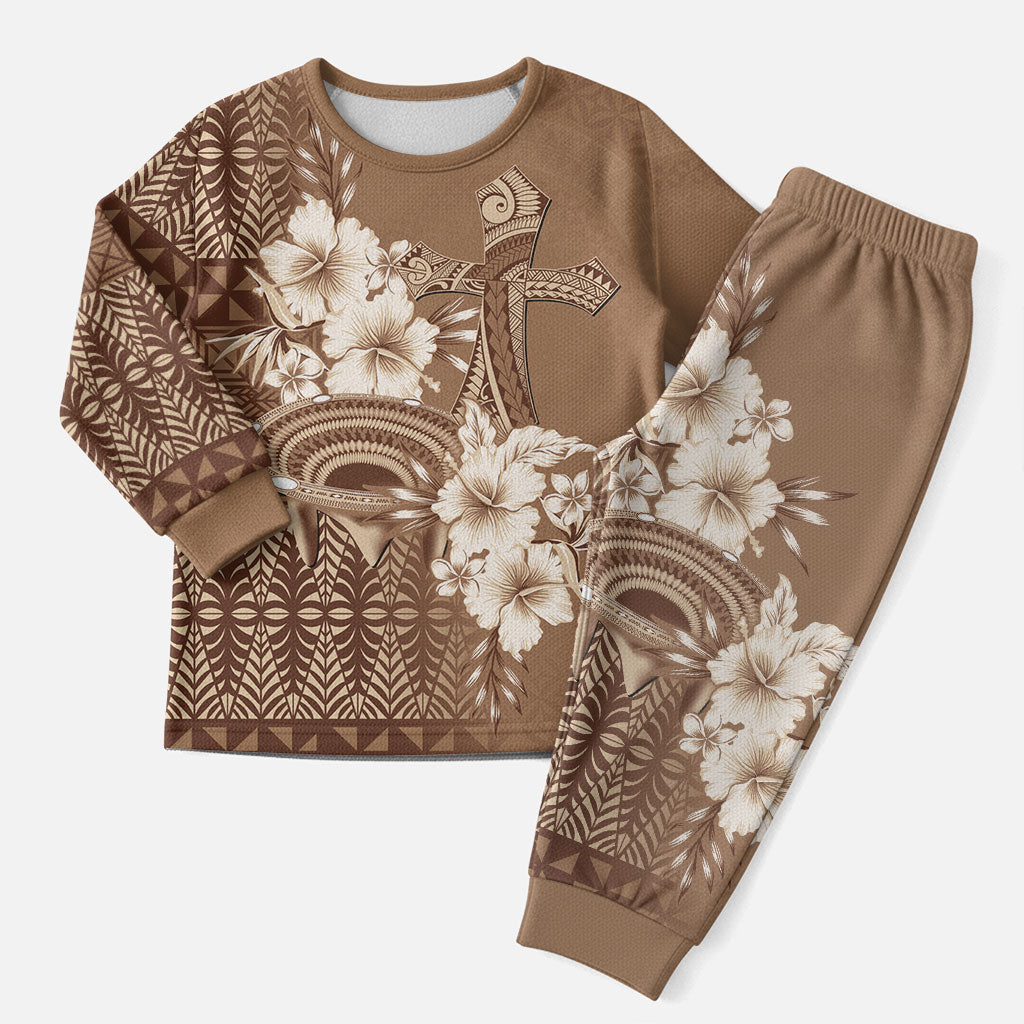 Tonga Ngatu Kupesi Brown Tapa Christmas Pajama Set Koe Otua Mo Tonga Ko Hoku Tofia