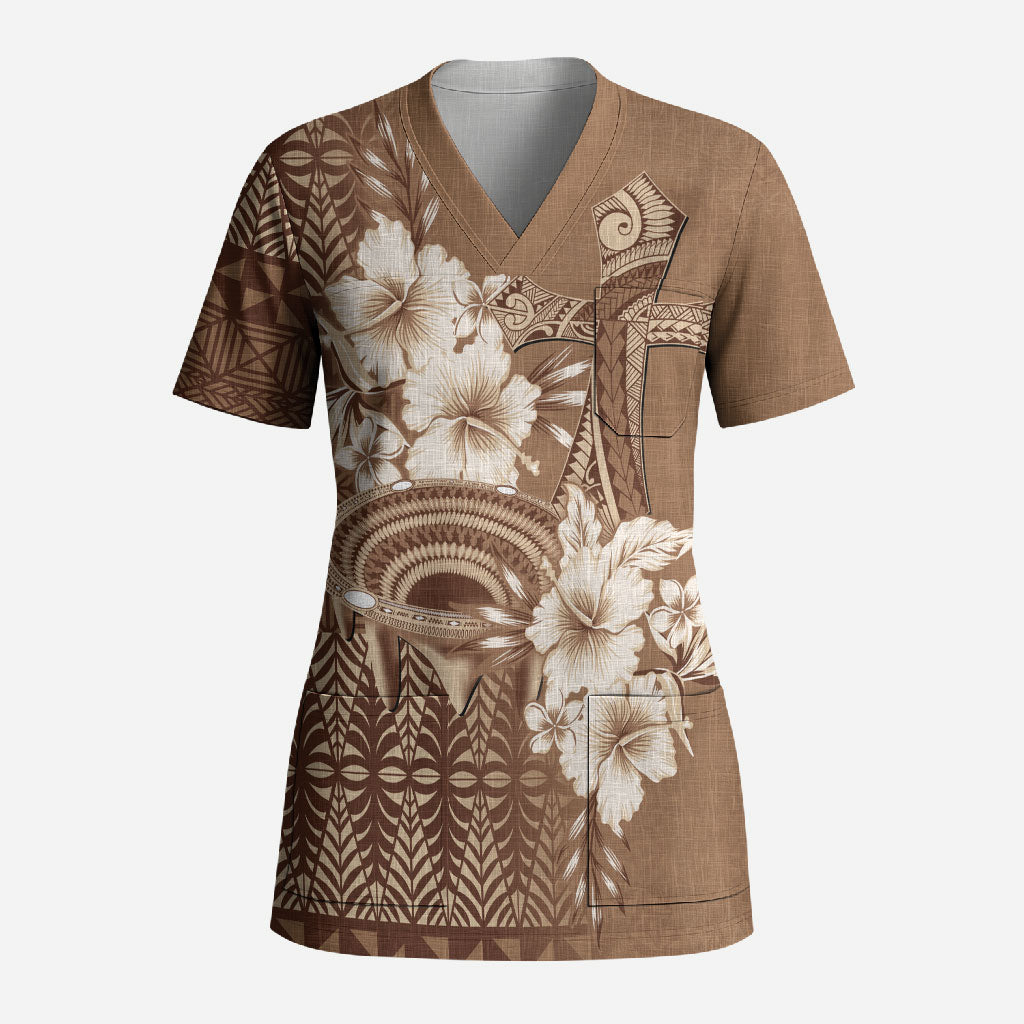 Tonga Ngatu Kupesi Brown Tapa Scrub Top Koe Otua Mo Tonga Ko Hoku Tofia