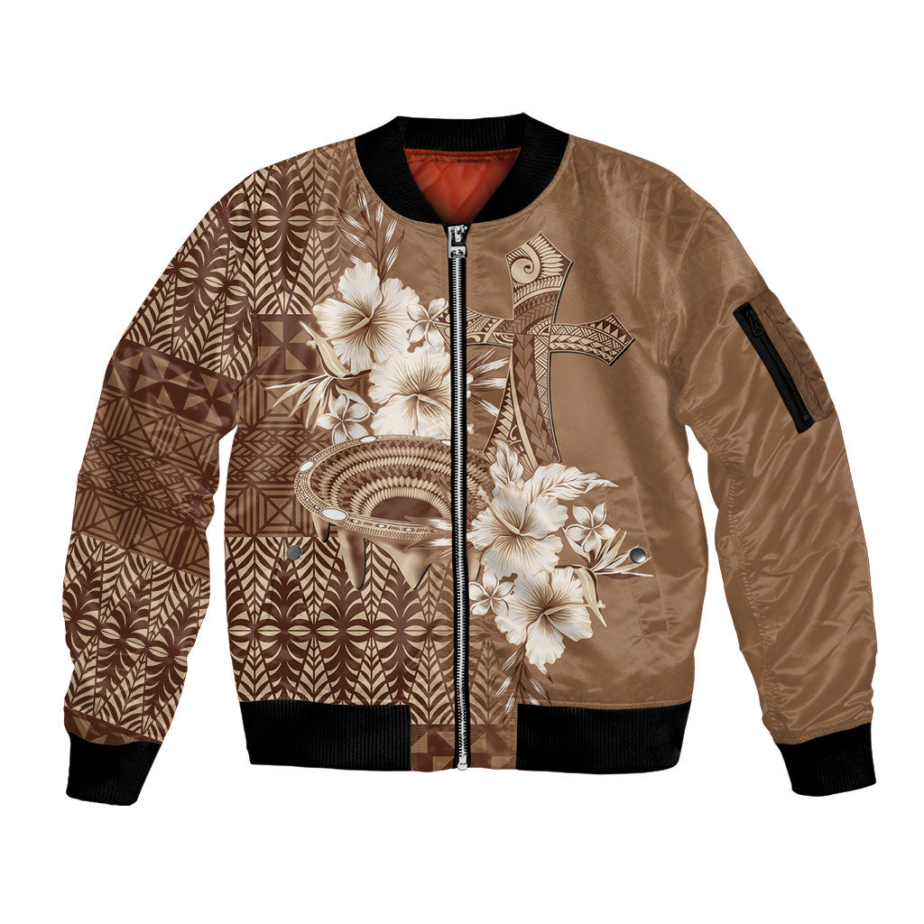 Tonga Ngatu Kupesi Brown Tapa Sleeve Zip Bomber Jacket Koe Otua Mo Tonga Ko Hoku Tofia