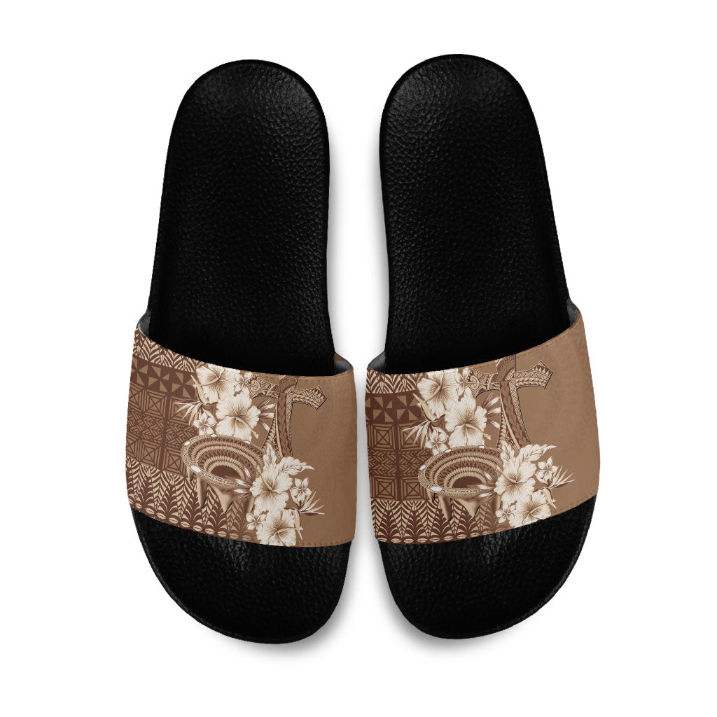 Tonga Ngatu Kupesi Brown Tapa Slide Sandals Koe Otua Mo Tonga Ko Hoku Tofia