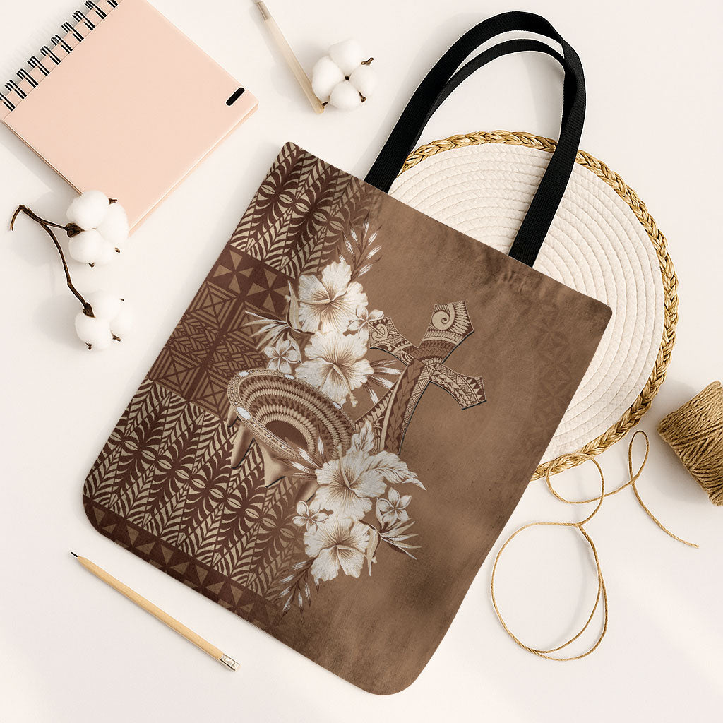Tonga Ngatu Kupesi Brown Tapa Tote Bag Koe Otua Mo Tonga Ko Hoku Tofia