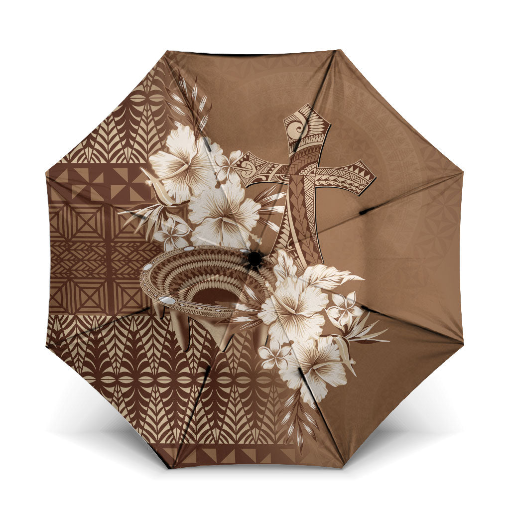 Tonga Ngatu Kupesi Brown Tapa Umbrella Koe Otua Mo Tonga Ko Hoku Tofia