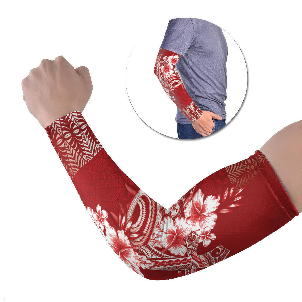 Tonga Ngatu Kupesi Royal Red Arm Sleeves Koe Otua Mo Tonga Ko Hoku Tofia