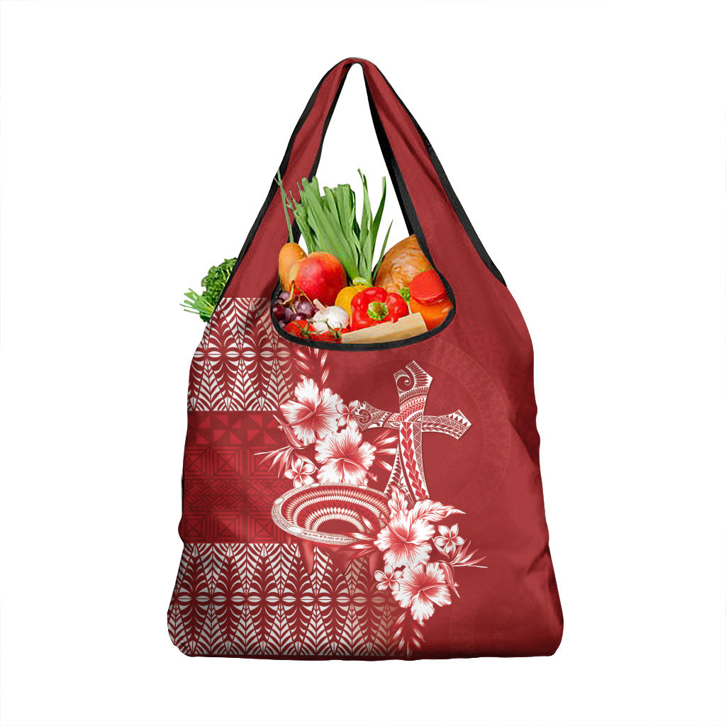 Tonga Ngatu Kupesi Royal Red Grocery Bag Koe Otua Mo Tonga Ko Hoku Tofia LT7 1-pack One Size Red - Polynesian Pride