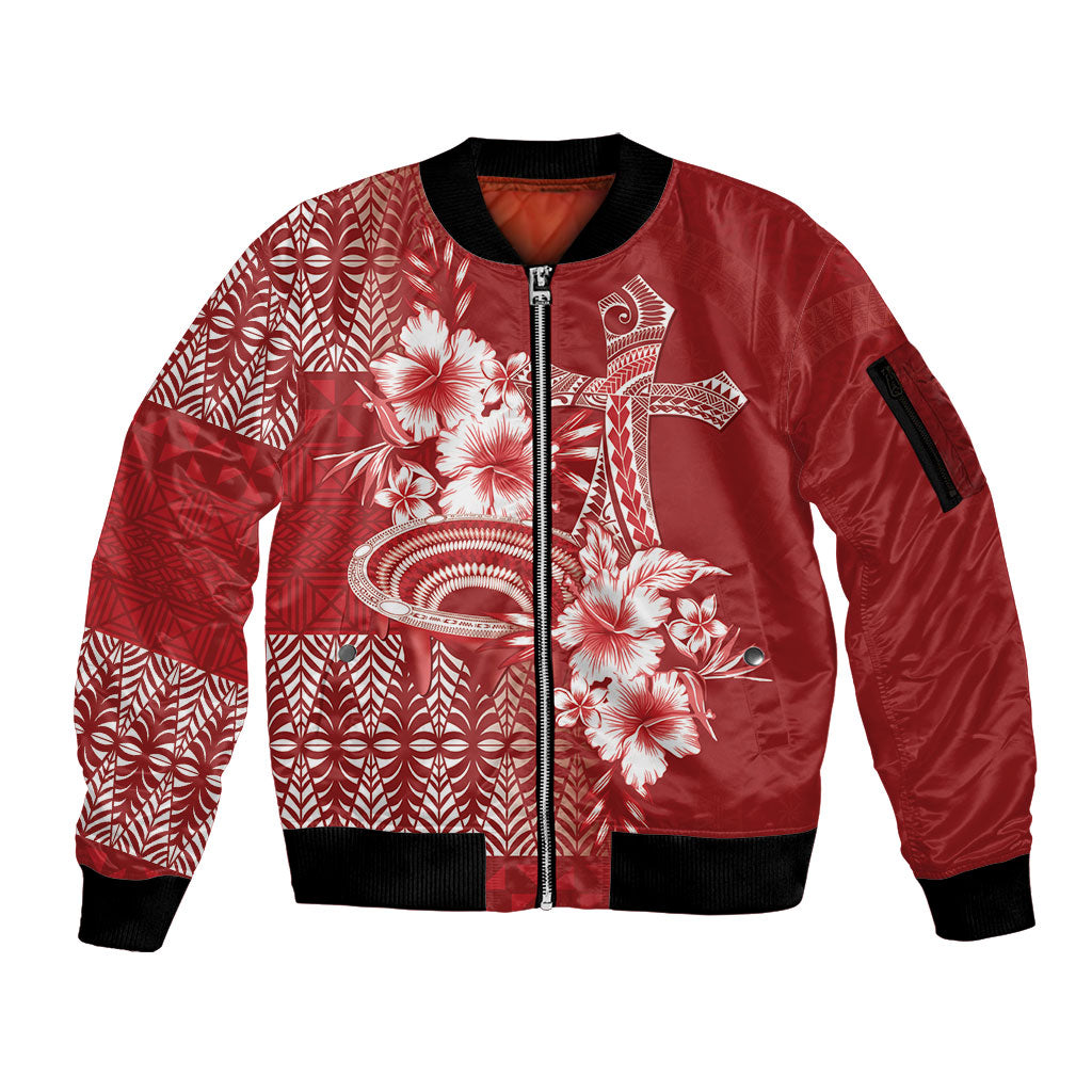 Tonga Ngatu Kupesi Royal Red Sleeve Zip Bomber Jacket Koe Otua Mo Tonga Ko Hoku Tofia