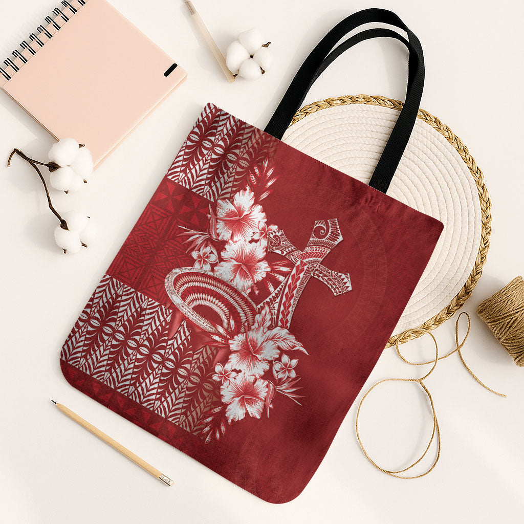 Tonga Ngatu Kupesi Royal Red Tote Bag Koe Otua Mo Tonga Ko Hoku Tofia