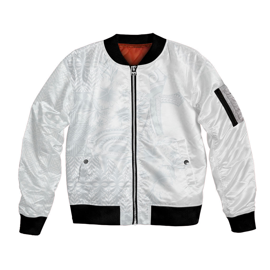 Tonga Ngatu Kupesi White Sunday Fakame Sleeve Zip Bomber Jacket Koe Otua Mo Tonga Ko Hoku Tofia
