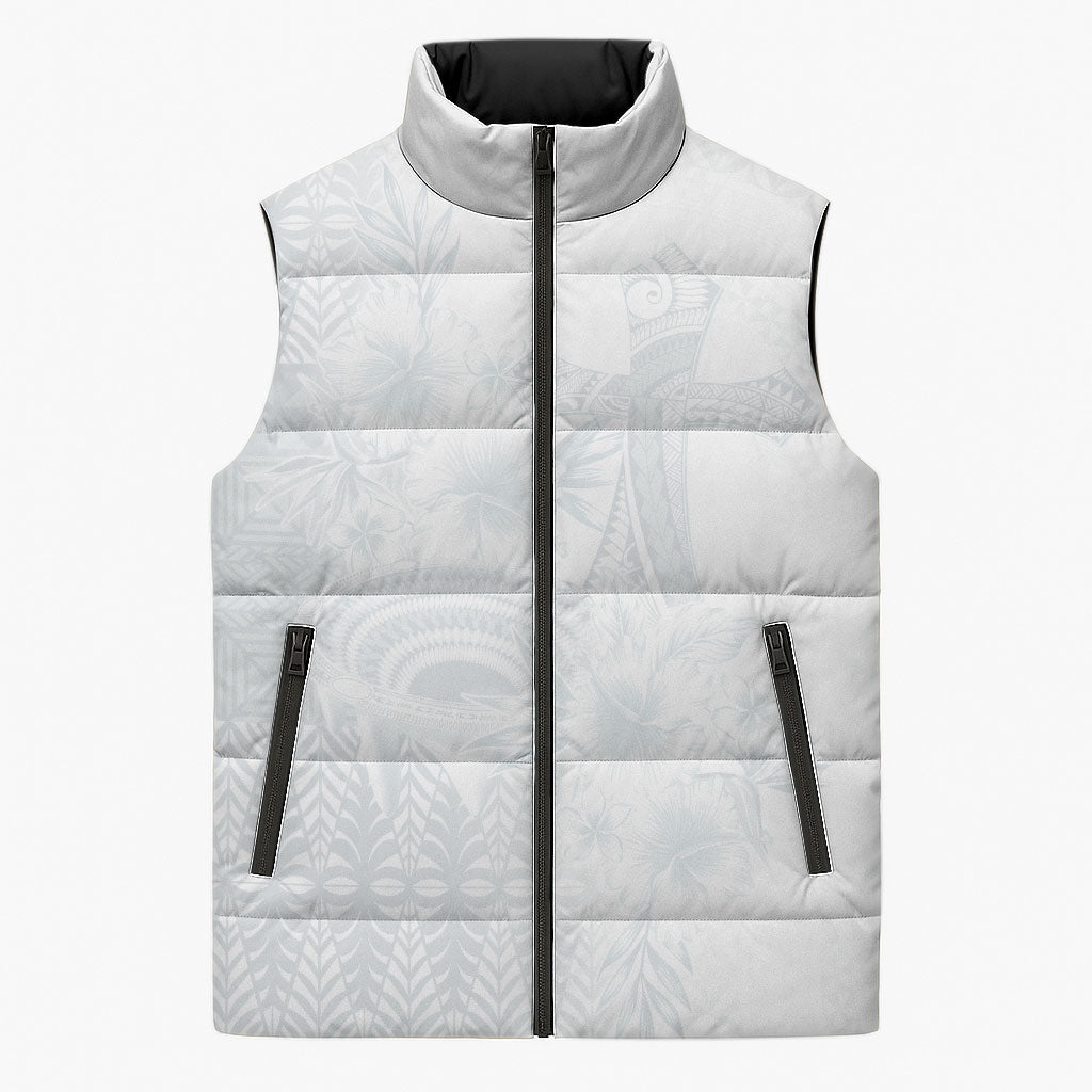 Tonga Ngatu Kupesi White Sunday Fakame Sleeveless Puffer Jacket Koe Otua Mo Tonga Ko Hoku Tofia LT7 Unisex White - Polynesian Pride