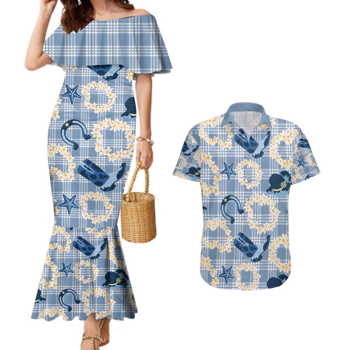 Aloha Hawaii Paniolo Jeans Palaka Couples Matching Mermaid Dress and Hawaiian Shirt Coastal Rodeo - Polynesian Pride