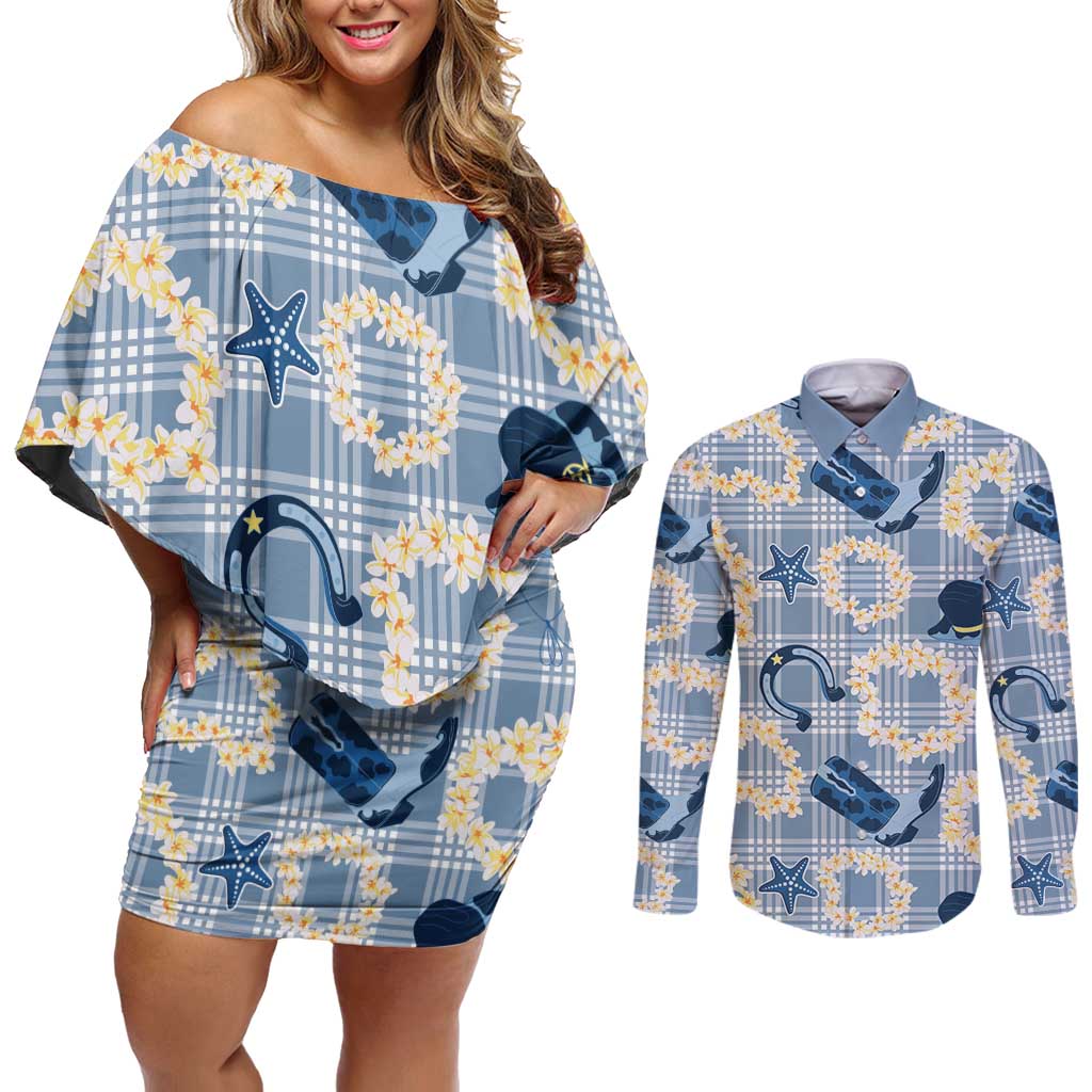Aloha Hawaii Paniolo Jeans Palaka Couples Matching Off Shoulder Short Dress and Long Sleeve Button Shirt Coastal Rodeo - Polynesian Pride
