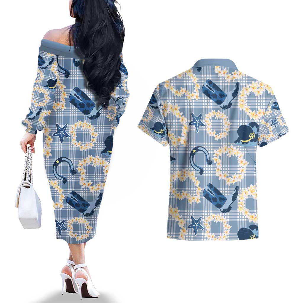 Aloha Hawaii Paniolo Jeans Palaka Couples Matching Off The Shoulder Long Sleeve Dress and Hawaiian Shirt Coastal Rodeo - Polynesian Pride