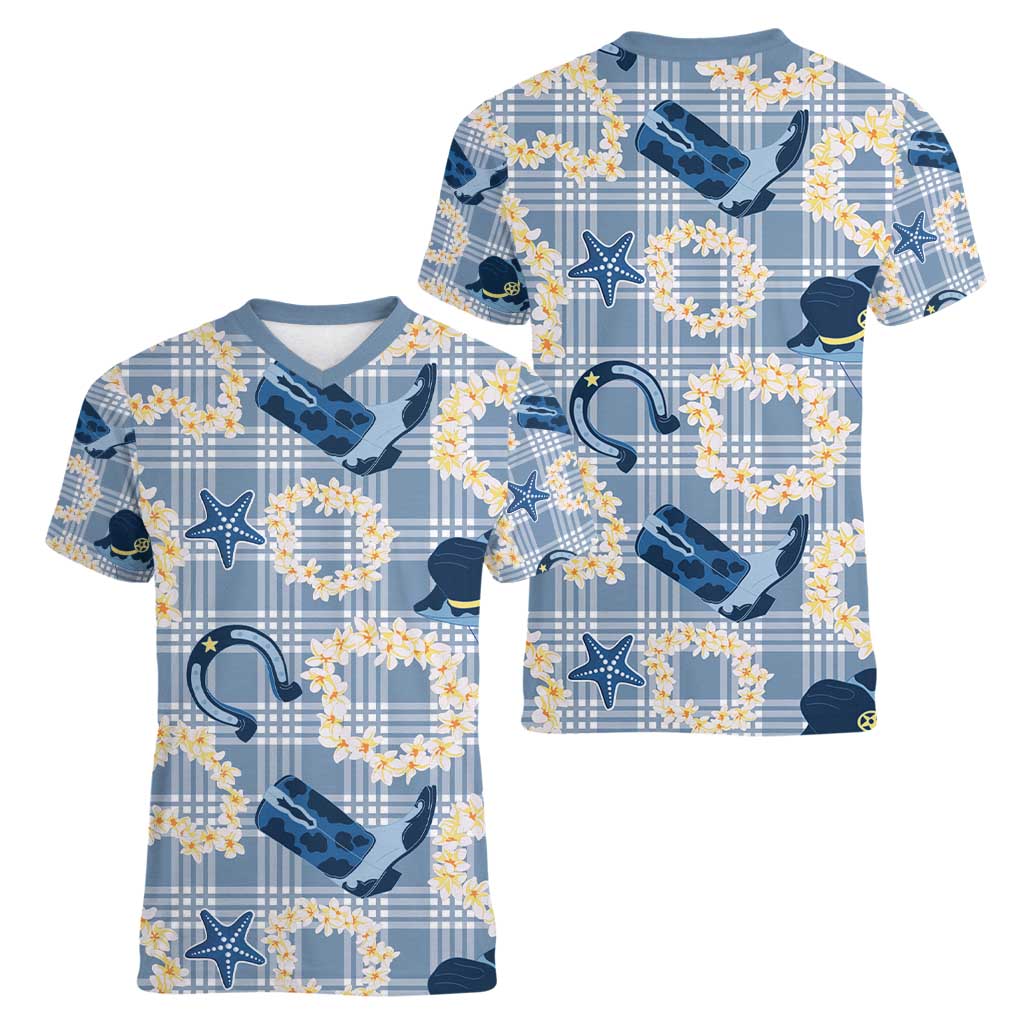 Aloha Hawaii Paniolo Jeans Palaka Women V-Neck T-Shirt Coastal Rodeo - Polynesian Pride