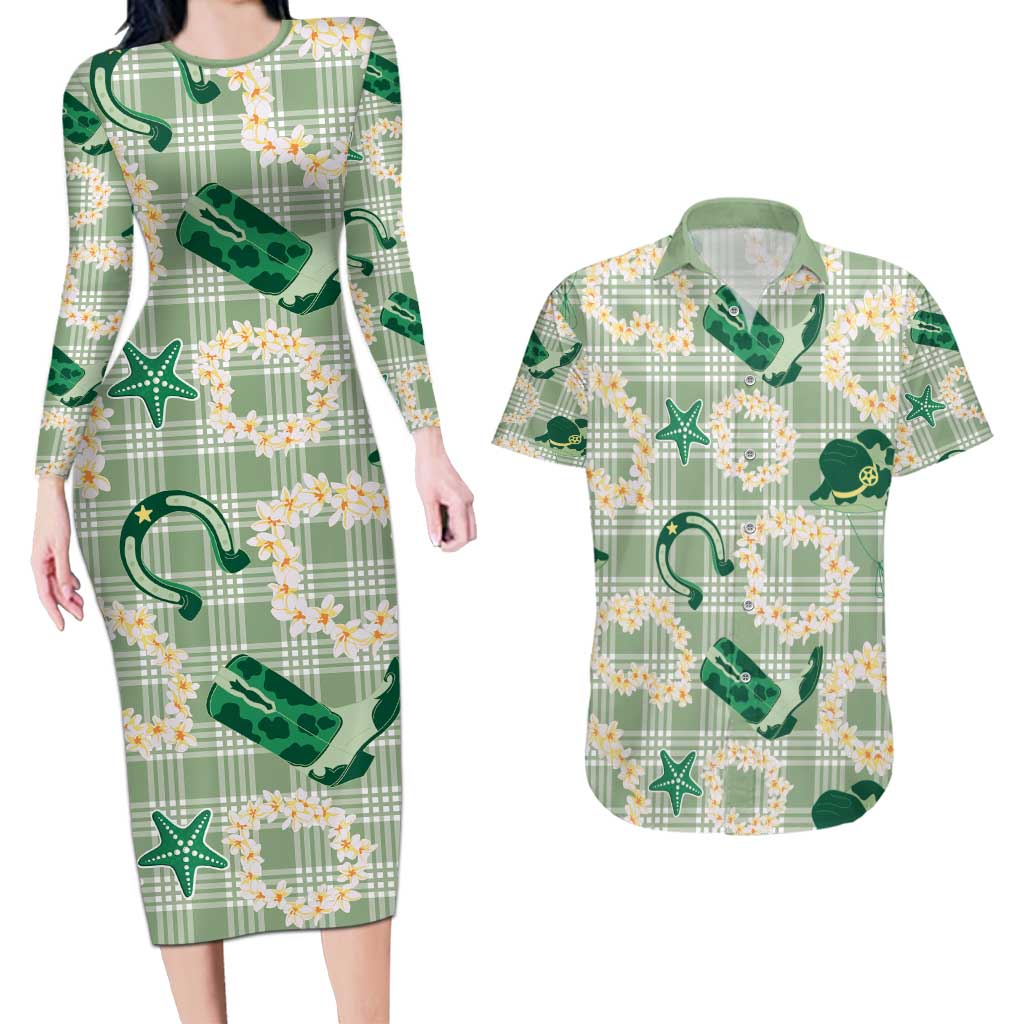 Aloha Hawaii Paniolo Mint Palaka Couples Matching Long Sleeve Bodycon Dress and Hawaiian Shirt Coastal Rodeo - Polynesian Pride