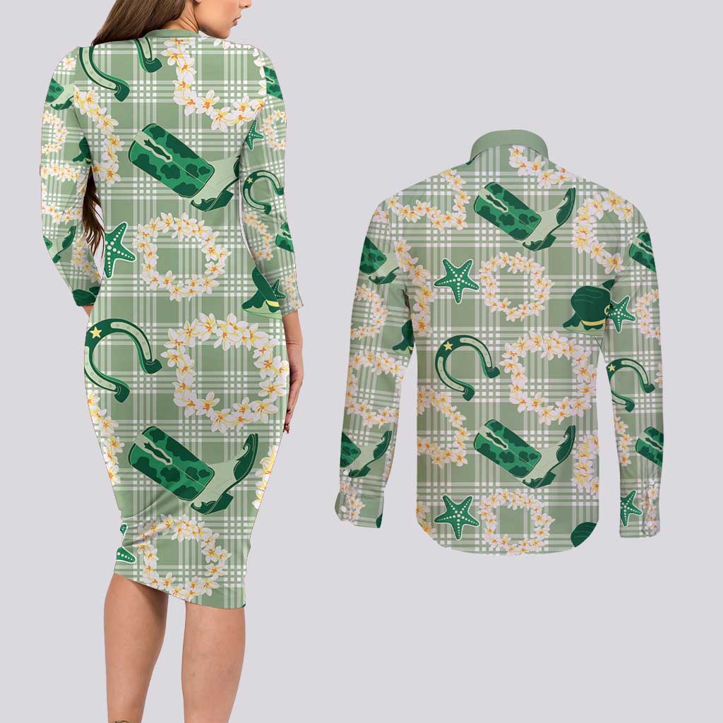 Aloha Hawaii Paniolo Mint Palaka Couples Matching Long Sleeve Bodycon Dress and Long Sleeve Button Shirt Coastal Rodeo - Polynesian Pride