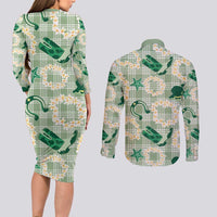 Aloha Hawaii Paniolo Mint Palaka Couples Matching Long Sleeve Bodycon Dress and Long Sleeve Button Shirt Coastal Rodeo - Polynesian Pride