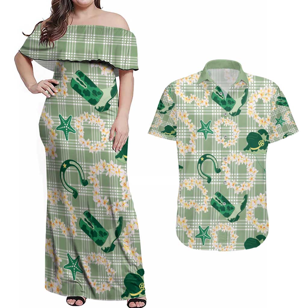 Aloha Hawaii Paniolo Mint Palaka Couples Matching Off Shoulder Maxi Dress and Hawaiian Shirt Coastal Rodeo - Polynesian Pride
