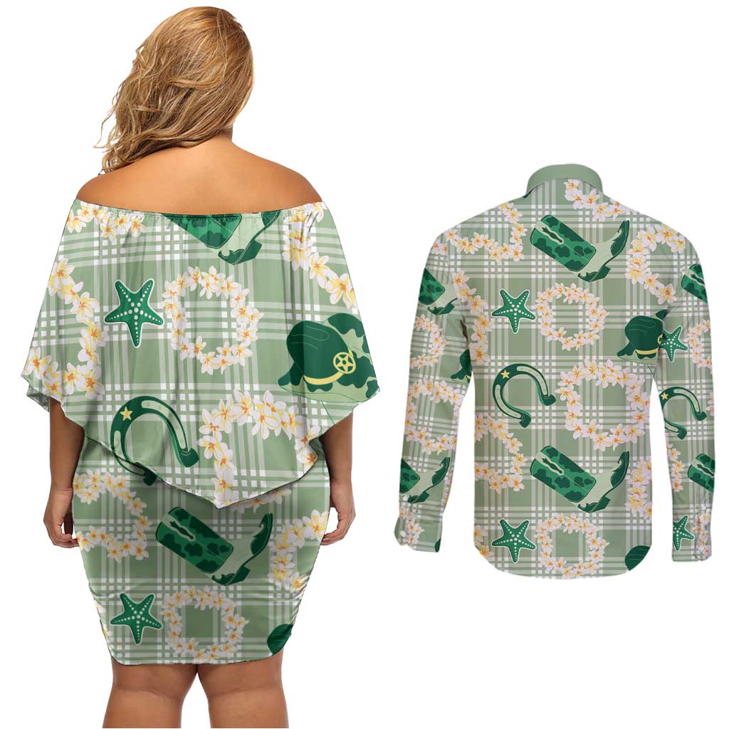 Aloha Hawaii Paniolo Mint Palaka Couples Matching Off Shoulder Short Dress and Long Sleeve Button Shirt Coastal Rodeo - Polynesian Pride