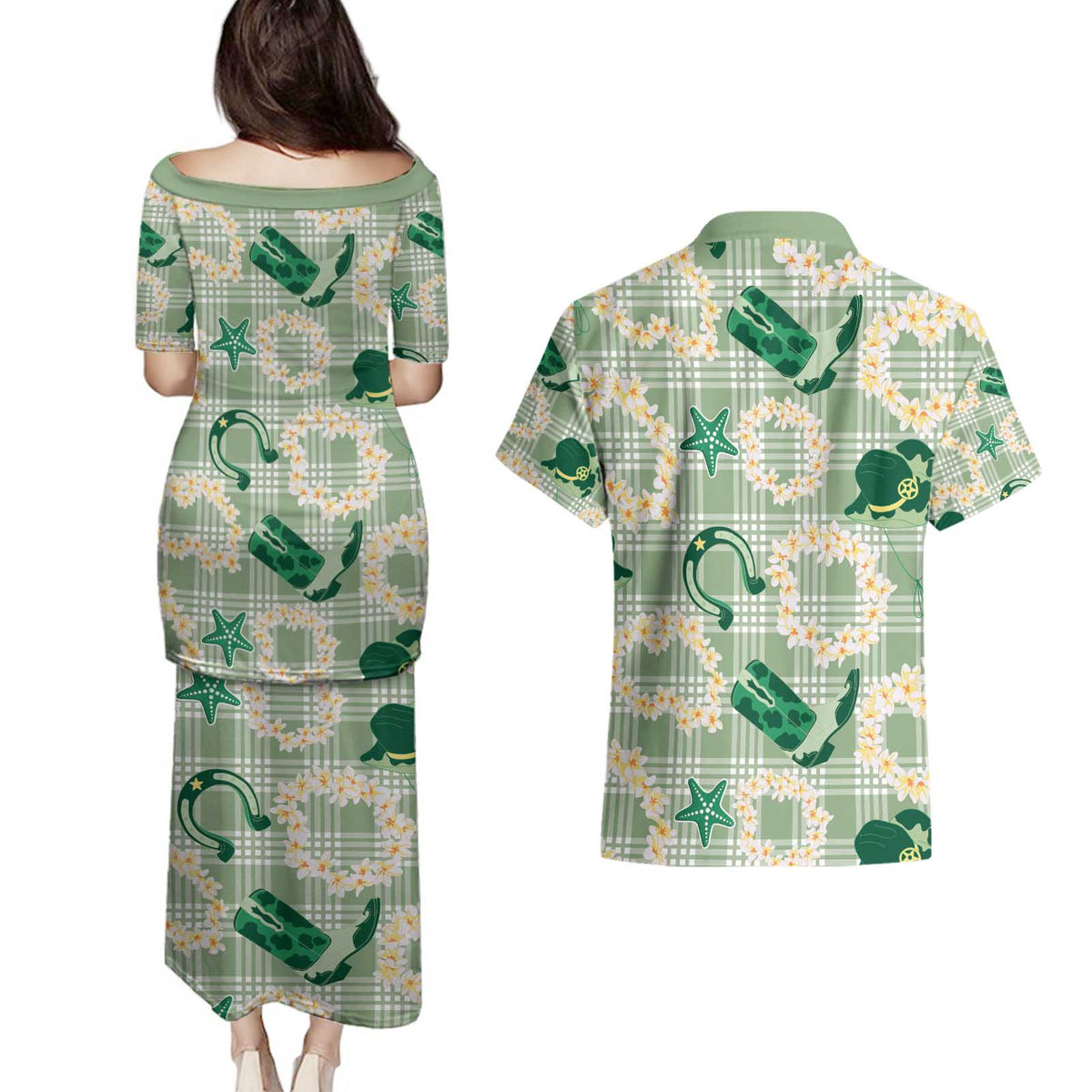 Aloha Hawaii Paniolo Mint Palaka Couples Matching Puletasi and Hawaiian Shirt Coastal Rodeo LT7 - Polynesian Pride