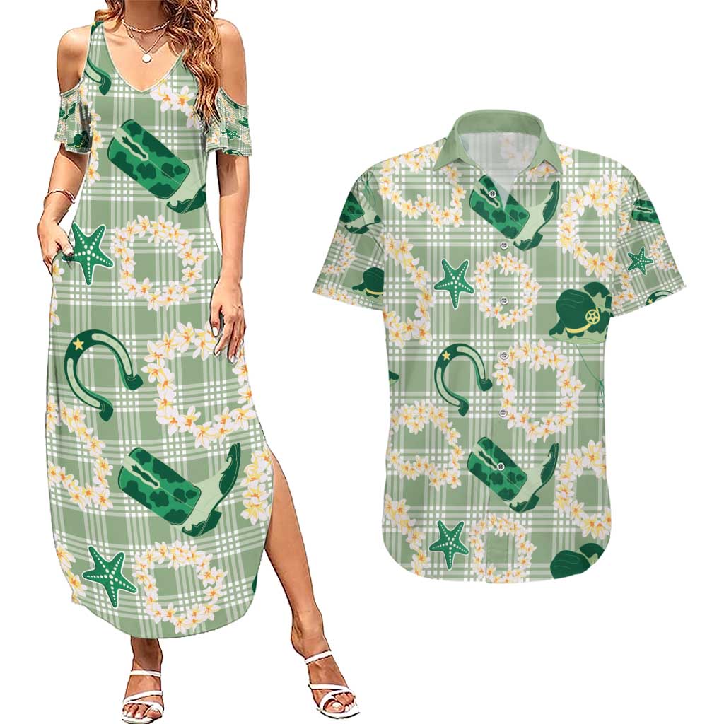 Aloha Hawaii Paniolo Mint Palaka Couples Matching Summer Maxi Dress and Hawaiian Shirt Coastal Rodeo - Polynesian Pride