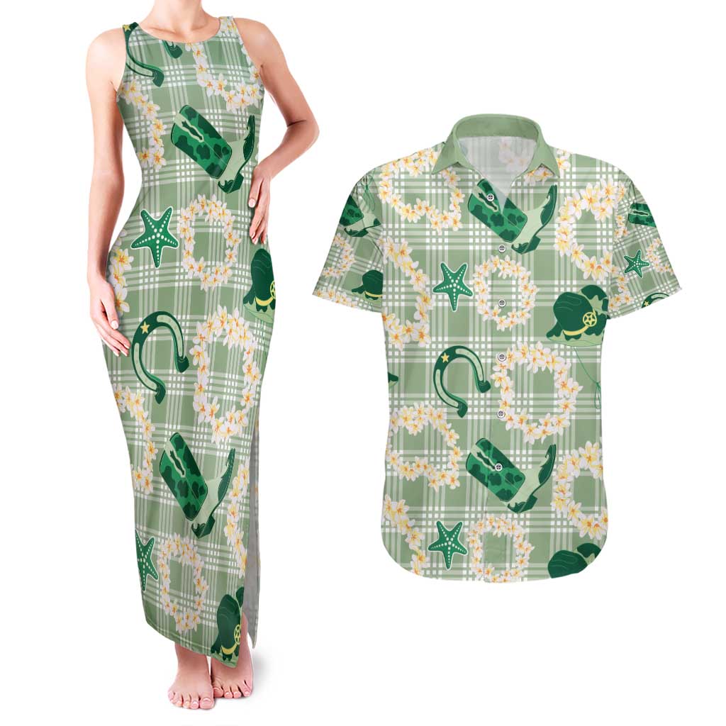 Aloha Hawaii Paniolo Mint Palaka Couples Matching Tank Maxi Dress and Hawaiian Shirt Coastal Rodeo - Polynesian Pride
