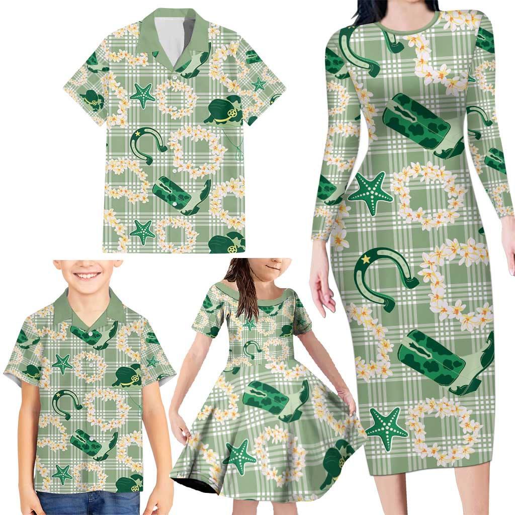 Aloha Hawaii Paniolo Mint Palaka Family Matching Long Sleeve Bodycon Dress and Hawaiian Shirt Coastal Rodeo - Polynesian Pride