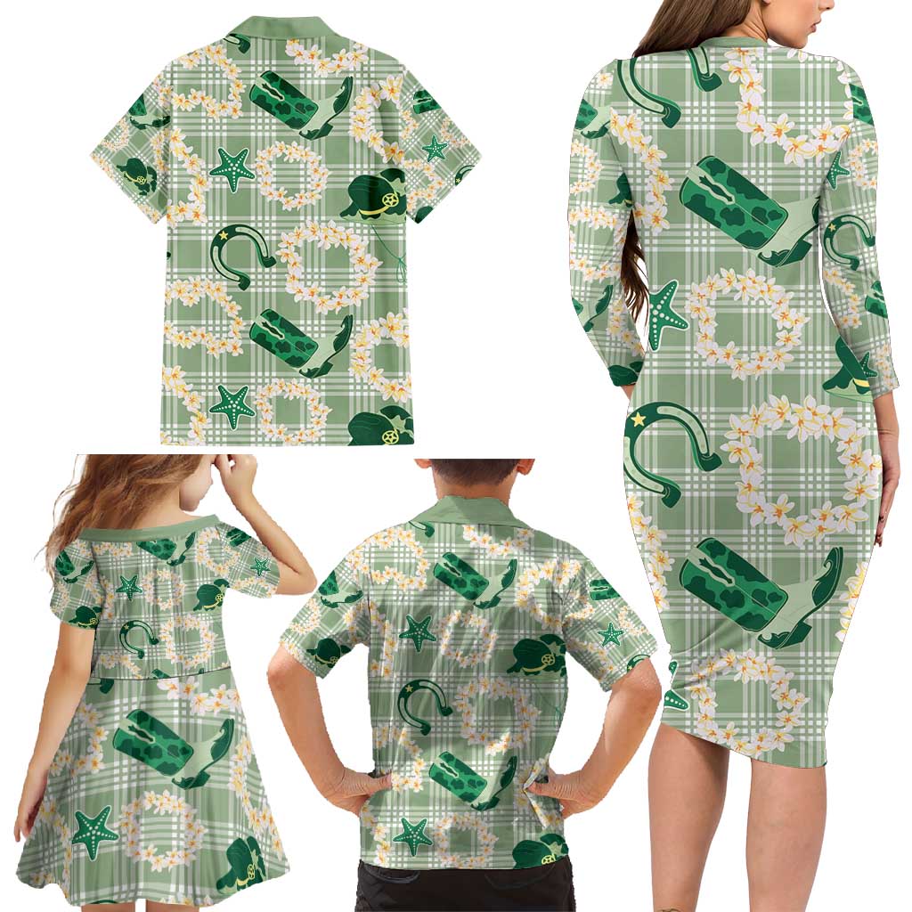 Aloha Hawaii Paniolo Mint Palaka Family Matching Long Sleeve Bodycon Dress and Hawaiian Shirt Coastal Rodeo - Polynesian Pride