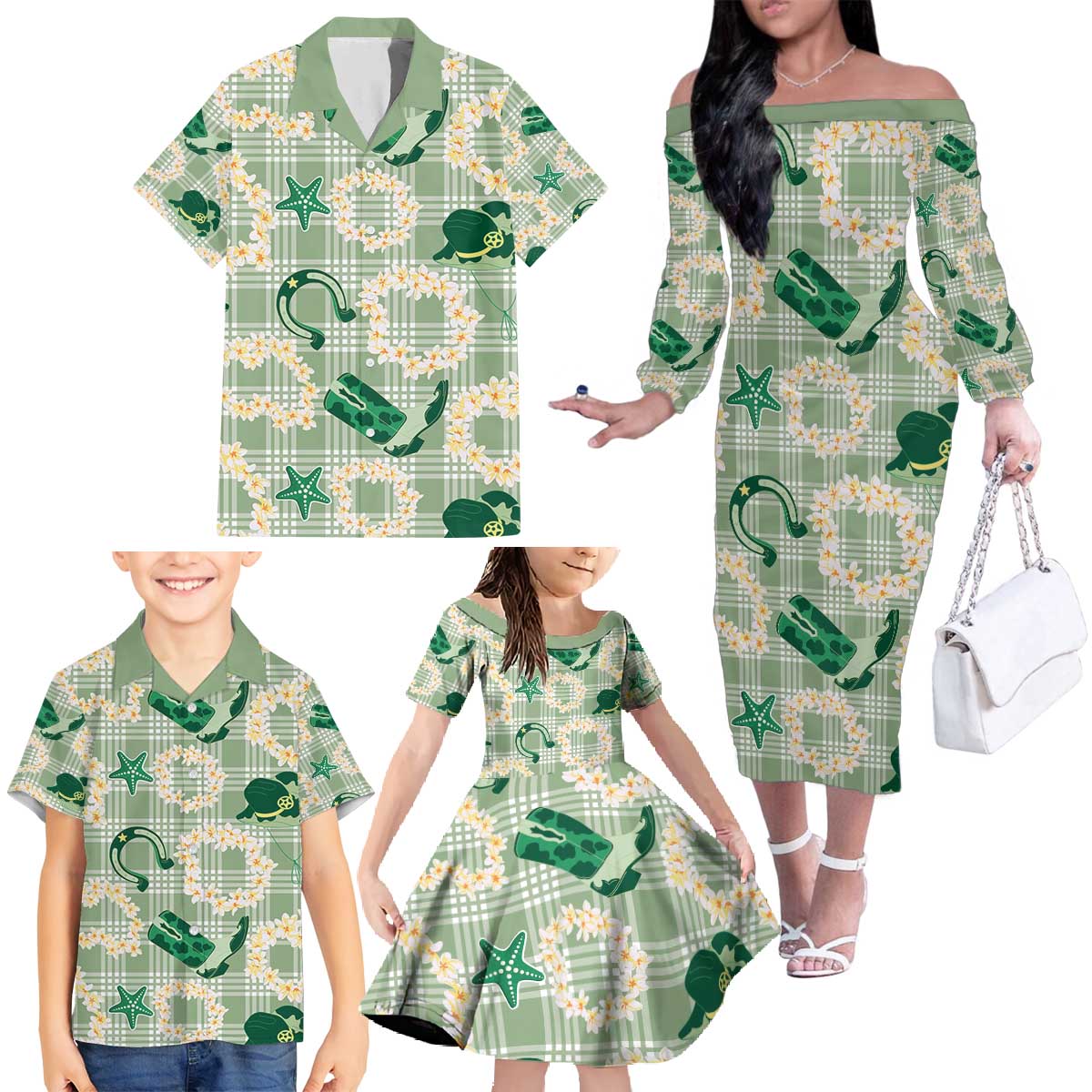 Aloha Hawaii Paniolo Mint Palaka Family Matching Off The Shoulder Long Sleeve Dress and Hawaiian Shirt Coastal Rodeo - Polynesian Pride