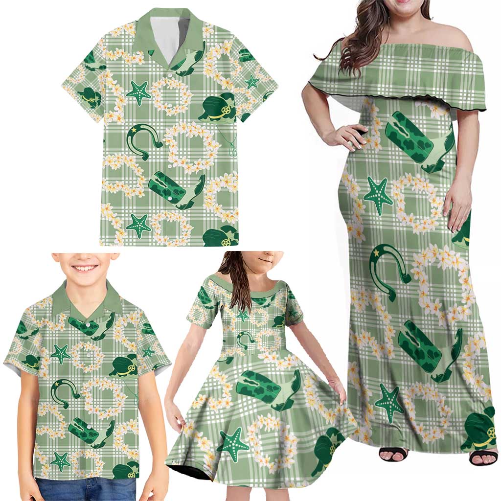 Aloha Hawaii Paniolo Mint Palaka Family Matching Off Shoulder Maxi Dress and Hawaiian Shirt Coastal Rodeo - Polynesian Pride