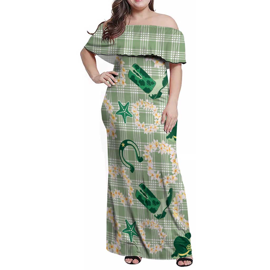 Aloha Hawaii Paniolo Mint Palaka Family Matching Off Shoulder Maxi Dress and Hawaiian Shirt Coastal Rodeo - Polynesian Pride