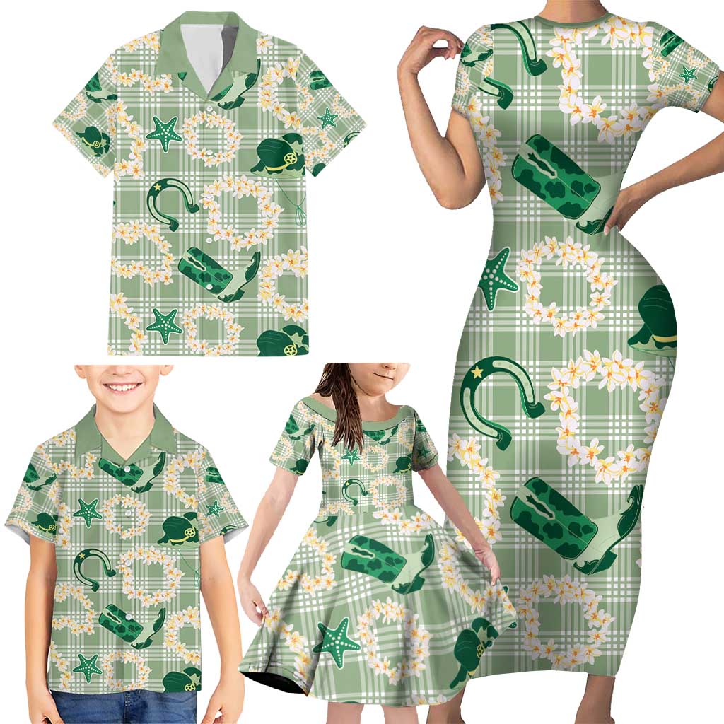 Aloha Hawaii Paniolo Mint Palaka Family Matching Short Sleeve Bodycon Dress and Hawaiian Shirt Coastal Rodeo - Polynesian Pride