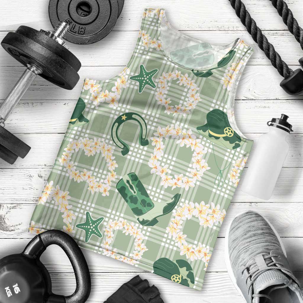 Aloha Hawaii Paniolo Mint Palaka Men Tank Top Coastal Rodeo - Polynesian Pride