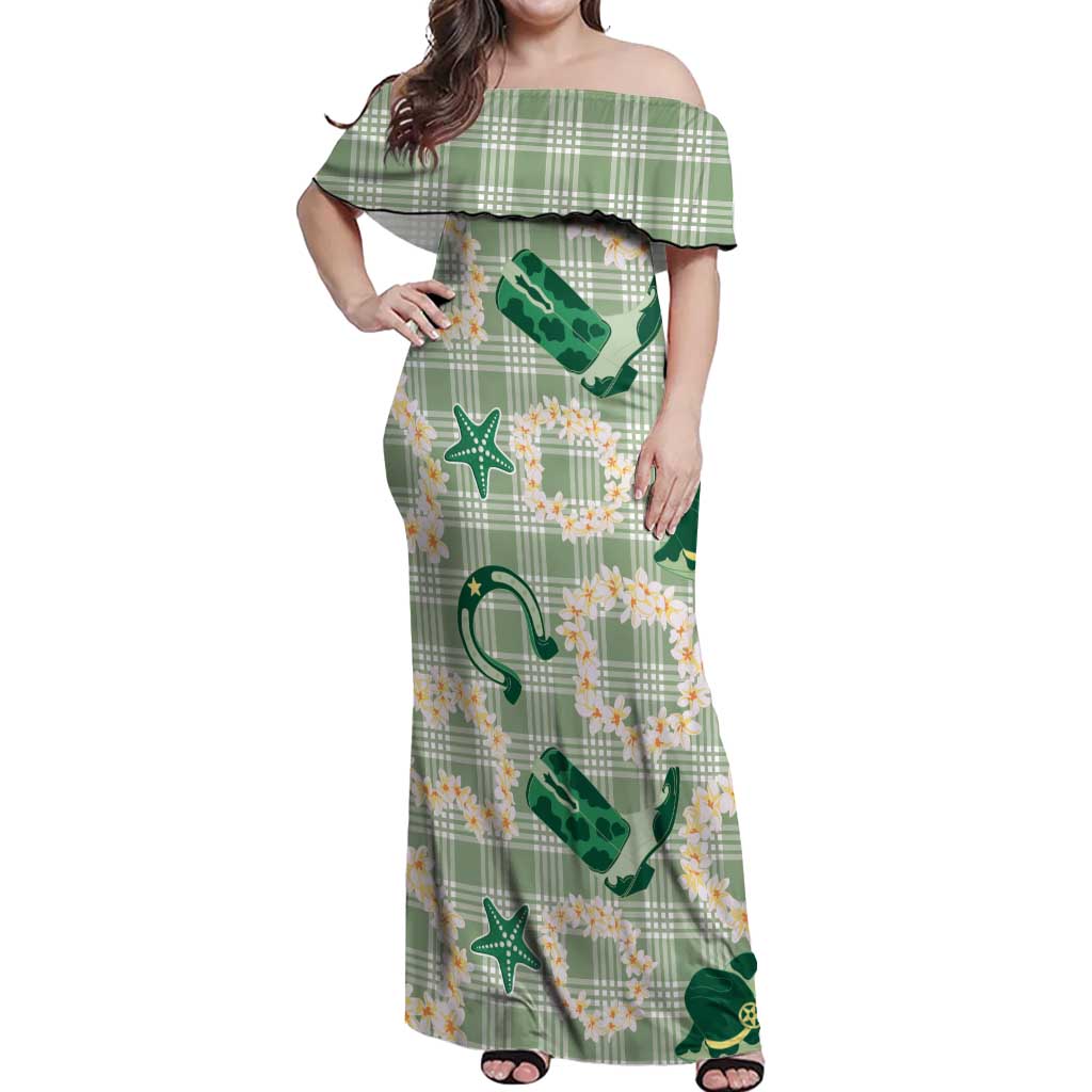 Aloha Hawaii Paniolo Mint Palaka Off Shoulder Maxi Dress Coastal Rodeo - Polynesian Pride