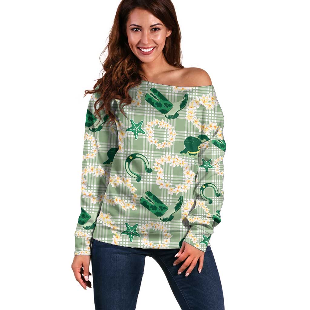 Aloha Hawaii Paniolo Mint Palaka Off Shoulder Sweater Coastal Rodeo - Polynesian Pride