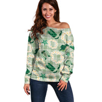 Aloha Hawaii Paniolo Mint Palaka Off Shoulder Sweater Coastal Rodeo - Polynesian Pride