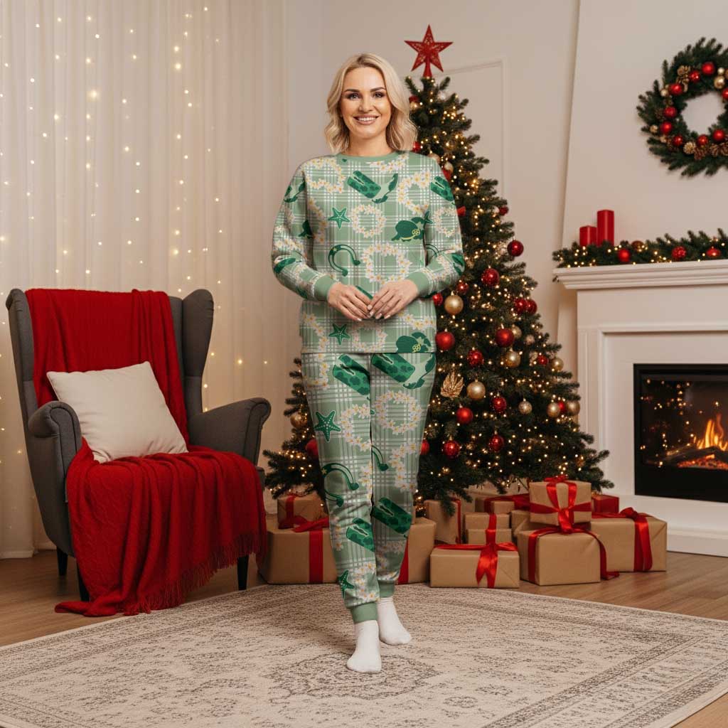 Aloha Hawaii Paniolo Mint Palaka Christmas Pajama Set Coastal Rodeo LT7 Women Mint - Polynesian Pride