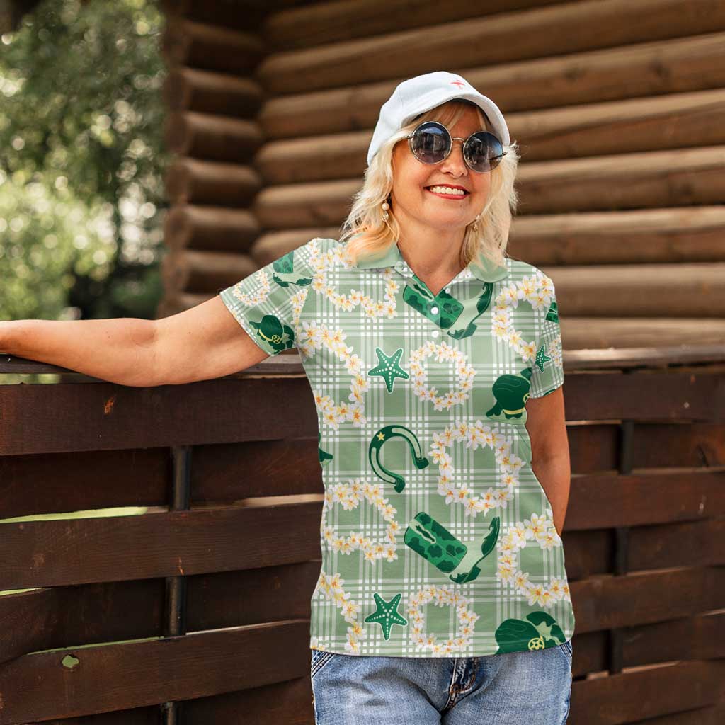 Aloha Hawaii Paniolo Mint Palaka Women Polo Shirt Coastal Rodeo - Polynesian Pride