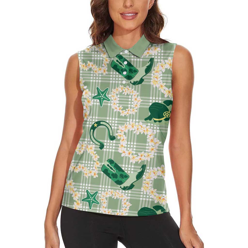 Aloha Hawaii Paniolo Mint Palaka Women Sleeveless Polo Shirt Coastal Rodeo LT7 - Polynesian Pride