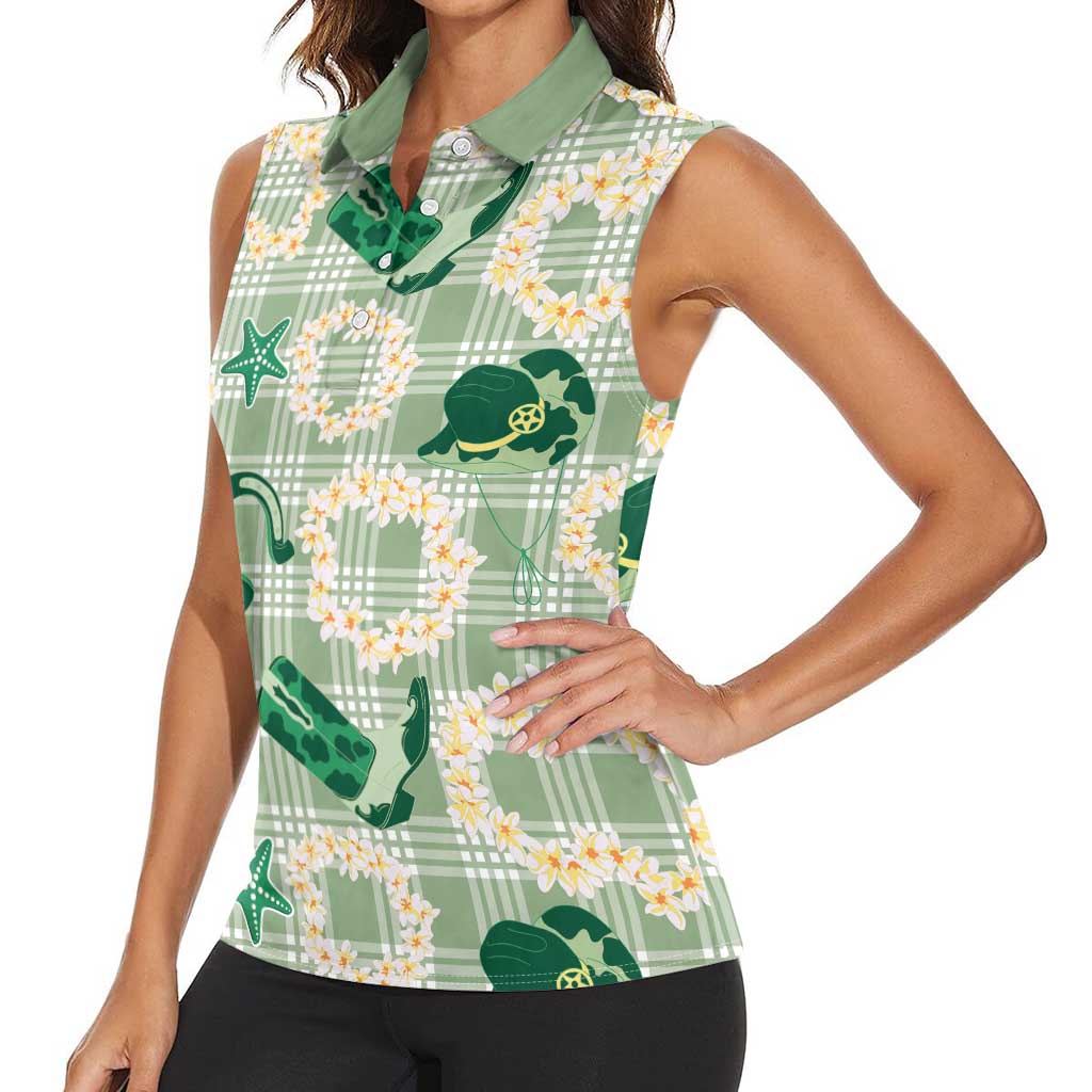 Aloha Hawaii Paniolo Mint Palaka Women Sleeveless Polo Shirt Coastal Rodeo LT7 - Polynesian Pride