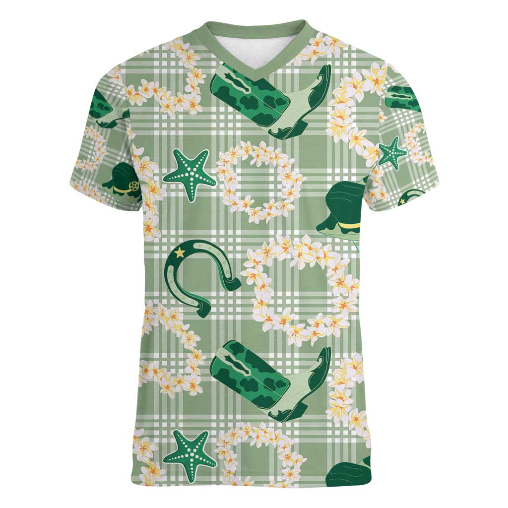 Aloha Hawaii Paniolo Mint Palaka Women V-Neck T-Shirt Coastal Rodeo - Polynesian Pride