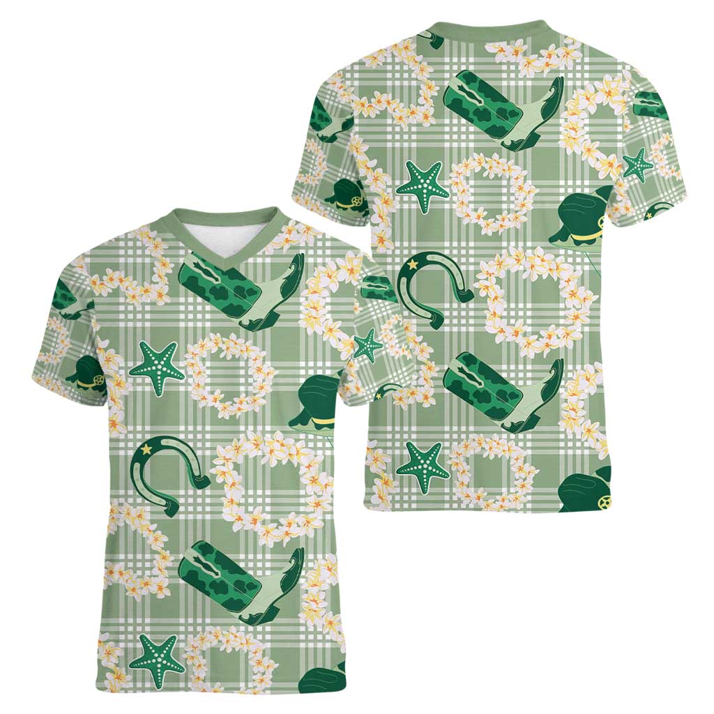 Aloha Hawaii Paniolo Mint Palaka Women V-Neck T-Shirt Coastal Rodeo - Polynesian Pride