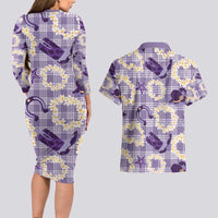 Aloha Hawaii Paniolo Lavender Palaka Couples Matching Long Sleeve Bodycon Dress and Hawaiian Shirt Coastal Rodeo - Polynesian Pride