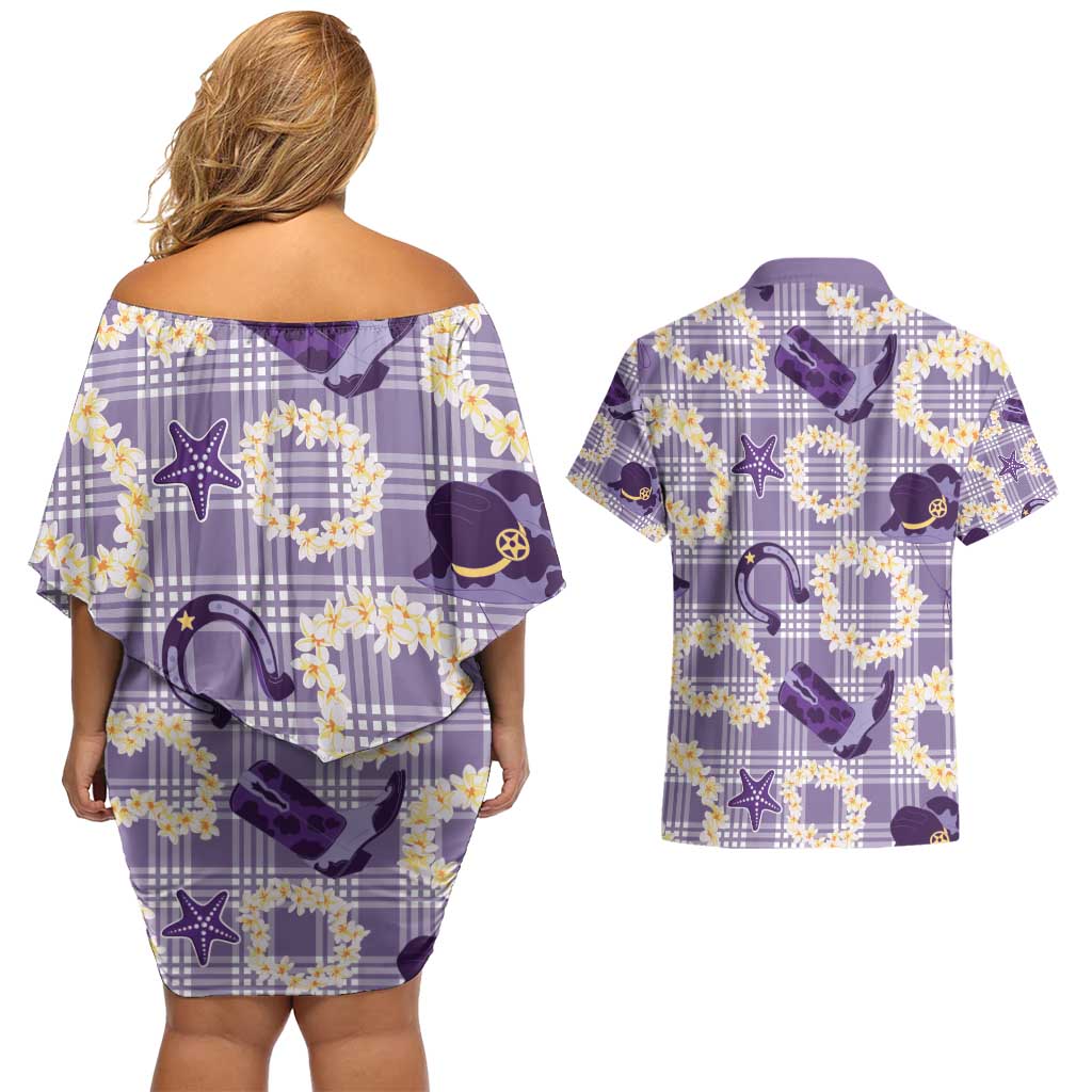 Aloha Hawaii Paniolo Lavender Palaka Couples Matching Off Shoulder Short Dress and Hawaiian Shirt Coastal Rodeo - Polynesian Pride
