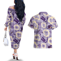 Aloha Hawaii Paniolo Lavender Palaka Couples Matching Off The Shoulder Long Sleeve Dress and Hawaiian Shirt Coastal Rodeo - Polynesian Pride