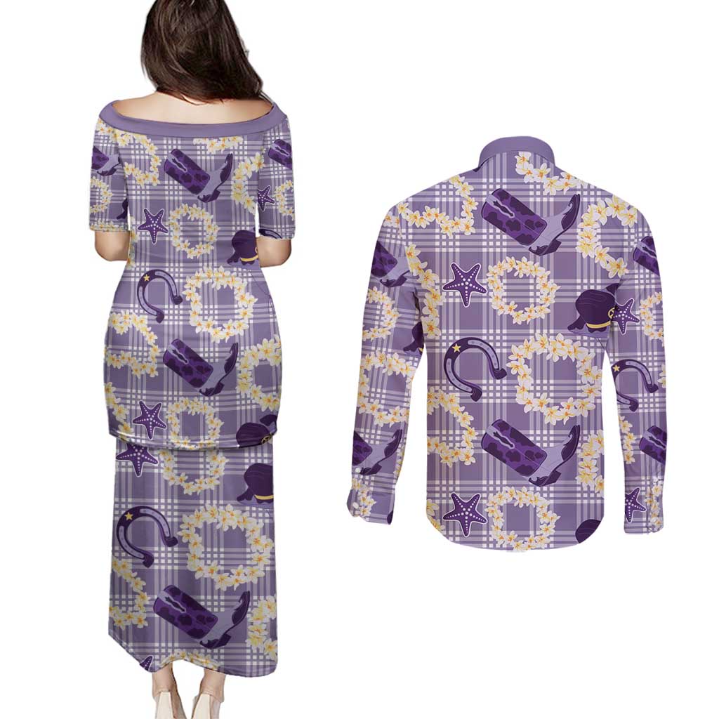 Aloha Hawaii Paniolo Lavender Palaka Couples Matching Puletasi and Long Sleeve Button Shirt Coastal Rodeo LT7 - Polynesian Pride