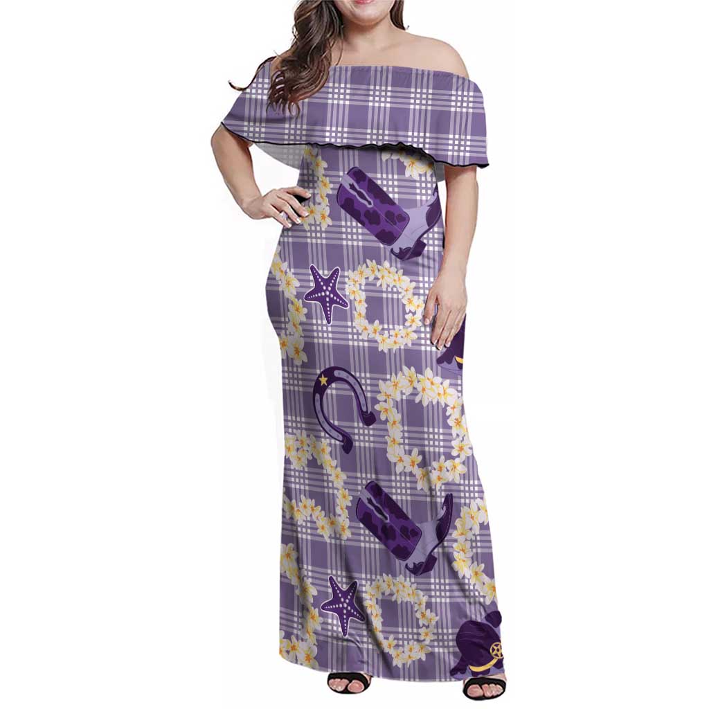 Aloha Hawaii Paniolo Lavender Palaka Family Matching Off Shoulder Maxi Dress and Hawaiian Shirt Coastal Rodeo - Polynesian Pride