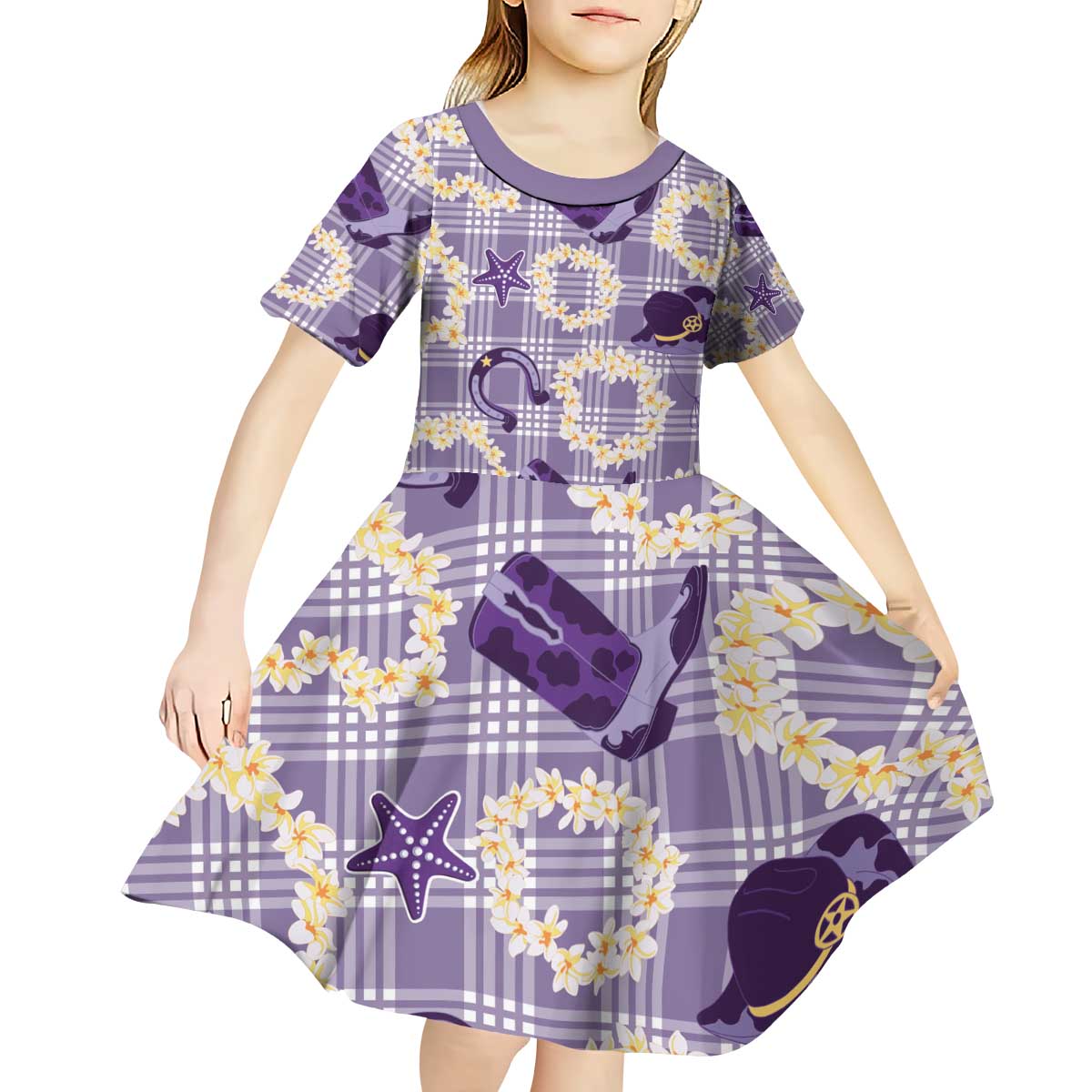 Aloha Hawaii Paniolo Lavender Palaka Kid Short Sleeve Dress Coastal Rodeo - Polynesian Pride