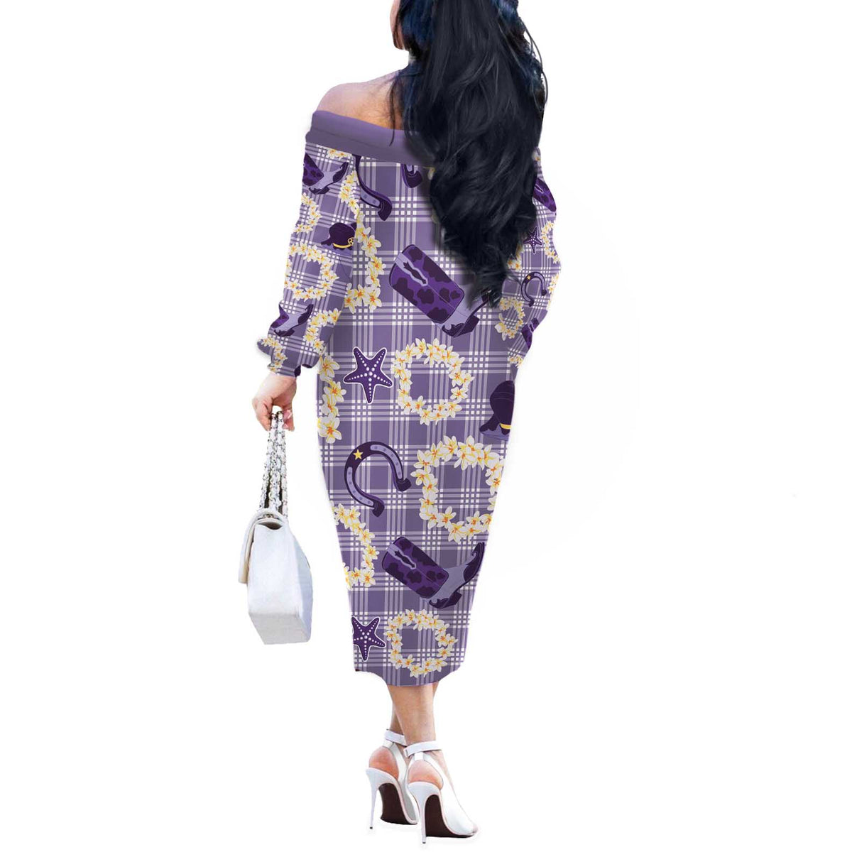 Aloha Hawaii Paniolo Lavender Palaka Off The Shoulder Long Sleeve Dress Coastal Rodeo - Polynesian Pride